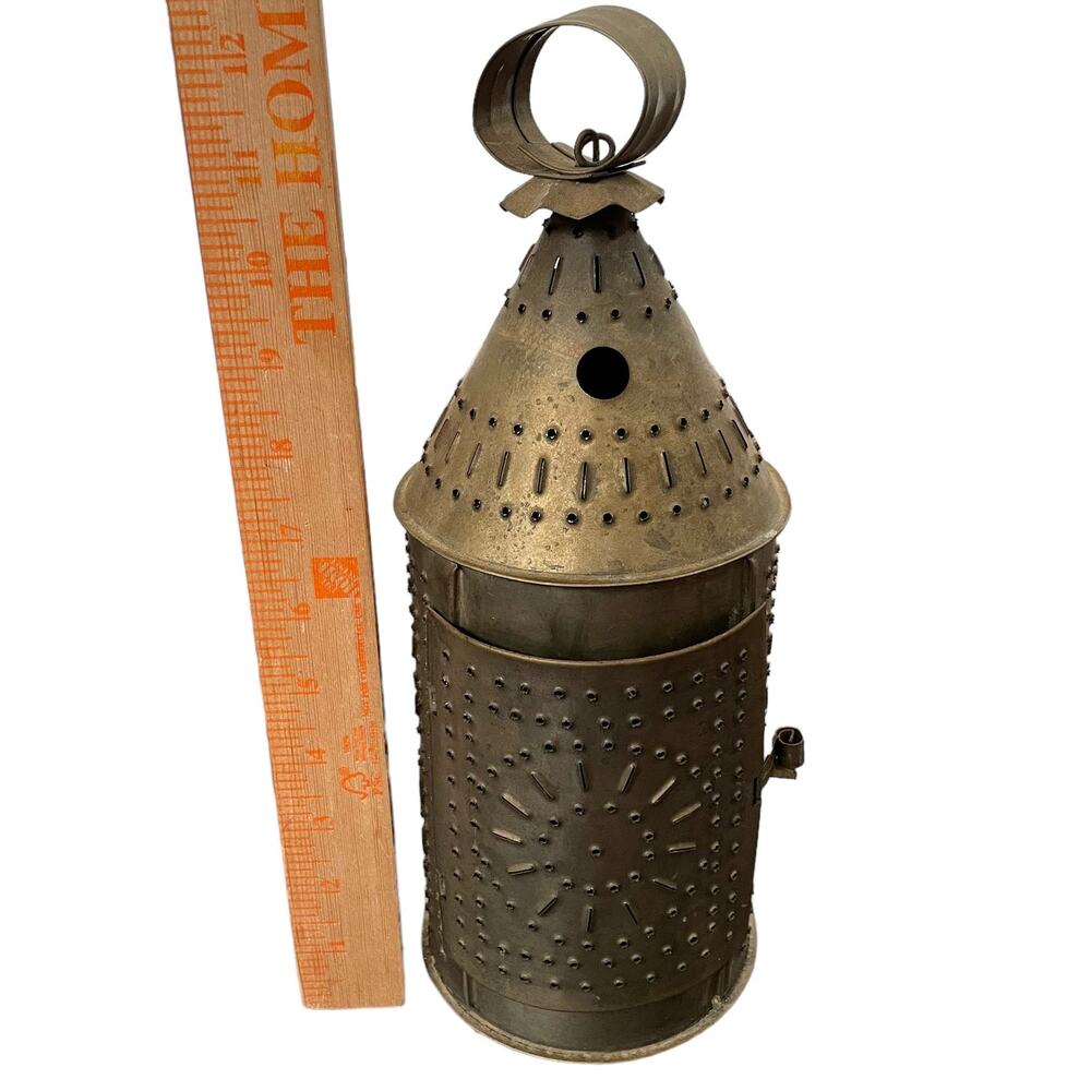 Antique Primitive Punched Tin Candle Lantern Colonial Rustic Paul Revere READ